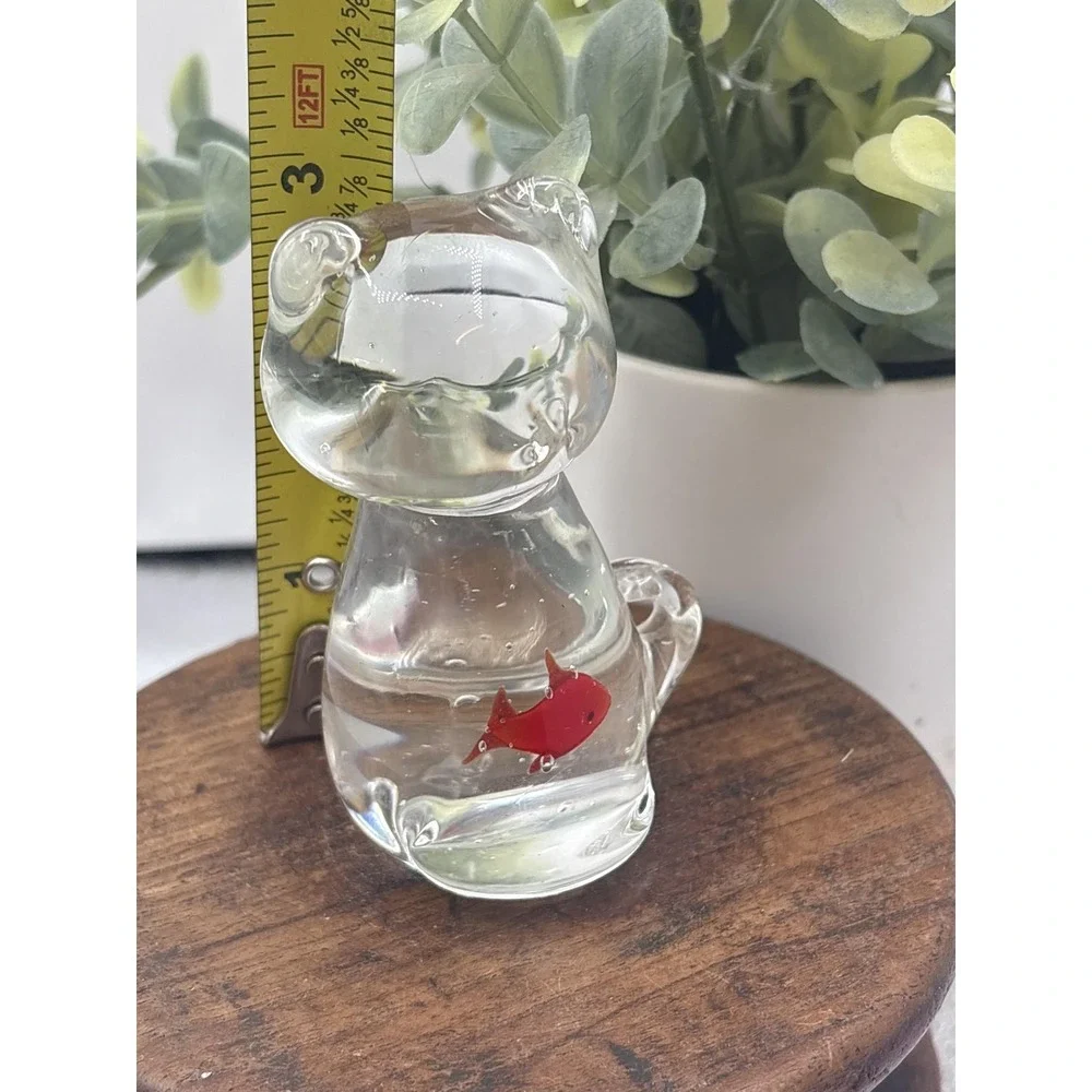 Glass Cat Figurine Clear Red Fish Inside Small Art Paperweight Animal Decor